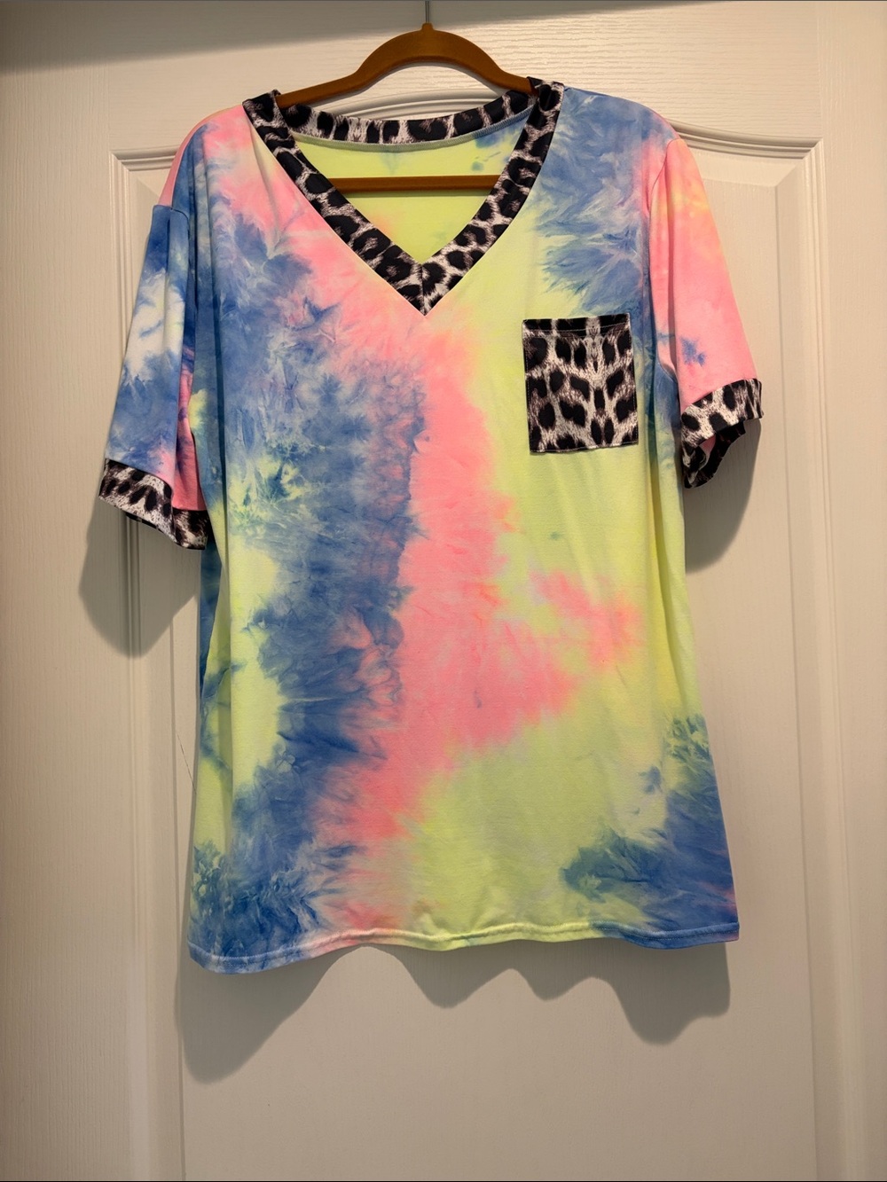 Tie-Dye V-Neck Women's Top with Leopard Trim - Neon Pink Blue Yellow.